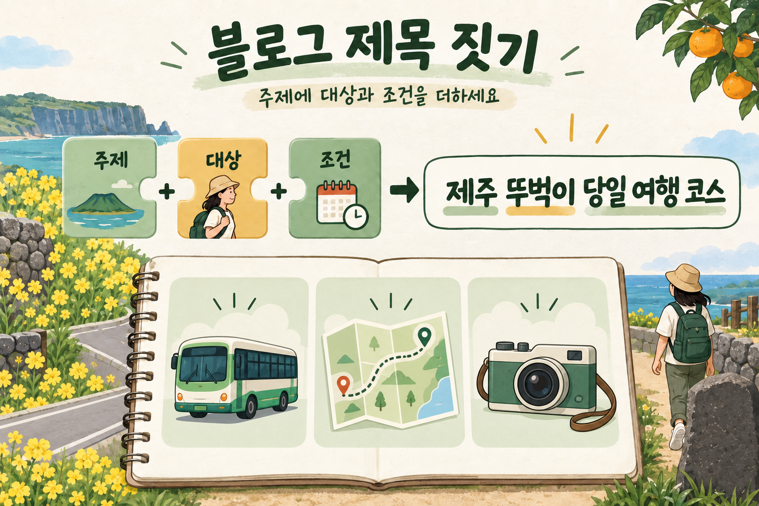 주제, 대상, 조건을 조합해 제주 뚜벅이 당일 여행 코스라는 블로그 제목을 만드는 예시