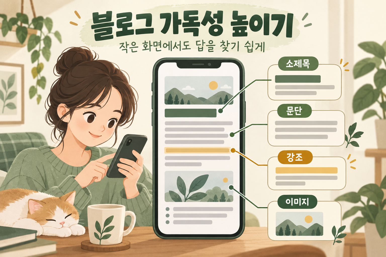 모바일 화면에서 소제목, 짧은 문단, 절제된 강조와 설명 이미지를 읽기 쉽게 배치한 개념도