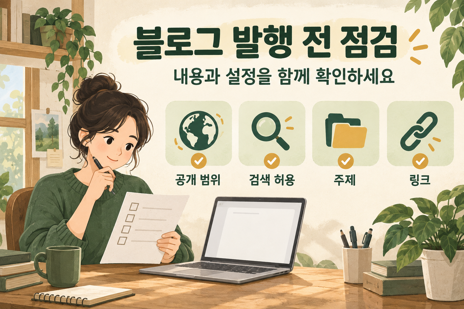 네이버 블로그 발행 전 공개 범위, 검색 허용, 주제와 링크를 확인하는 체크리스트 개념도