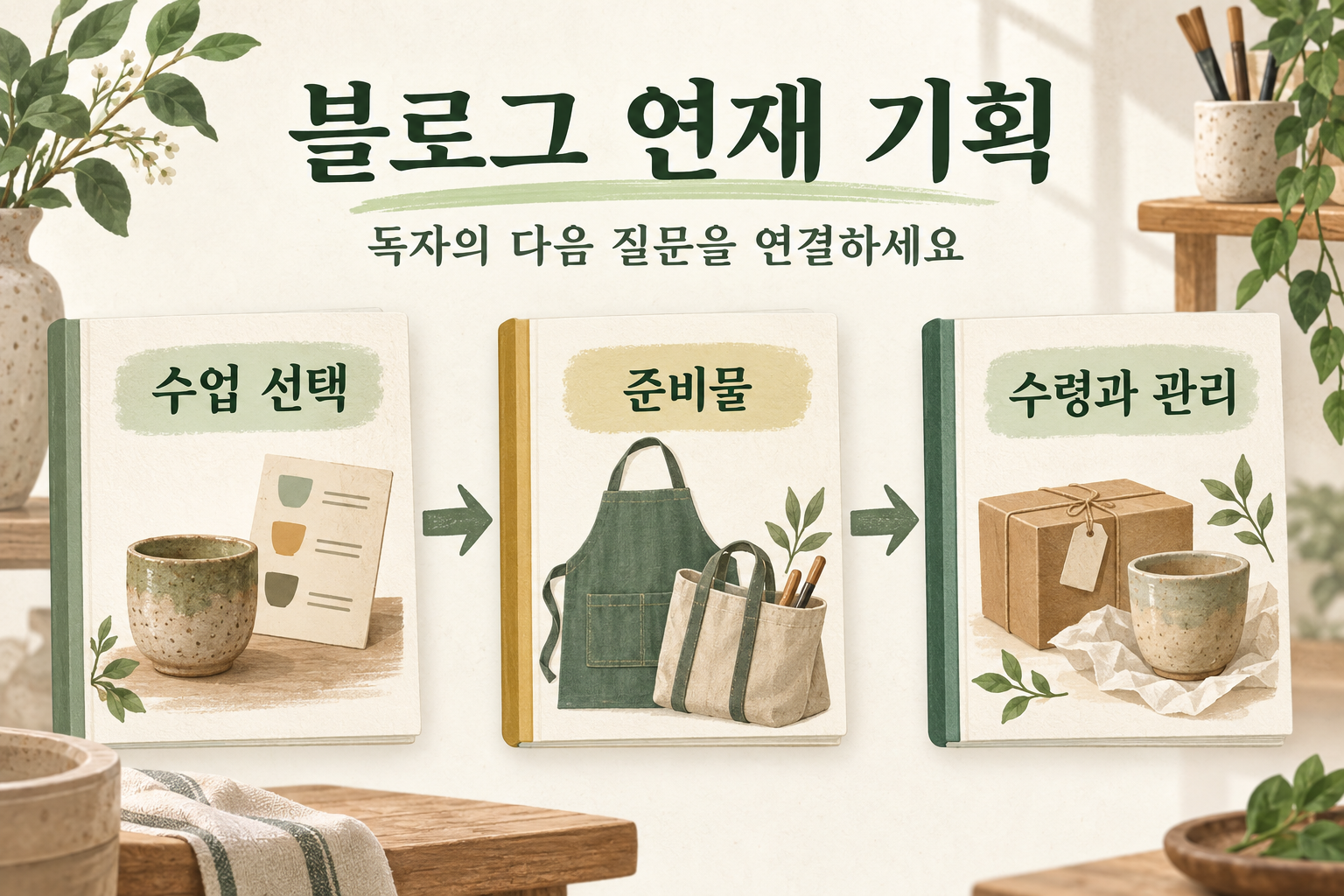 수업 선택, 준비물, 수령과 관리라는 독자의 다음 질문을 세 편의 연재 글로 연결한 구조