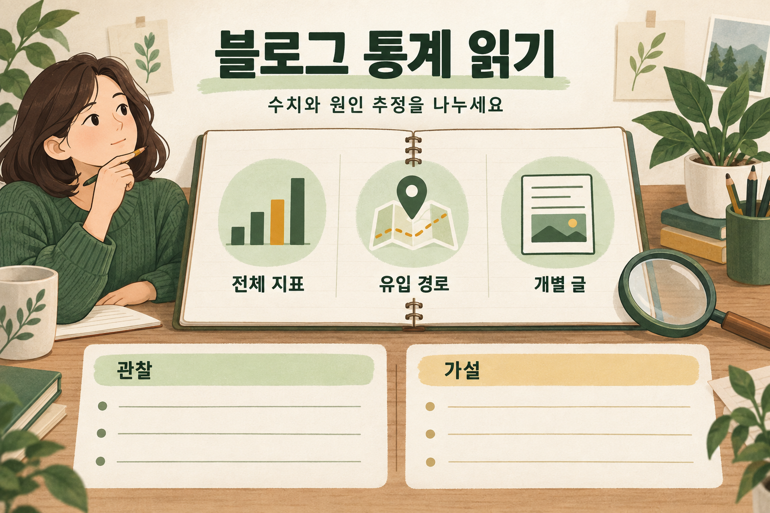 블로그 전체 지표, 유입 경로, 개별 글을 구분하고 관찰과 가설을 나누어 기록하는 통계 분석 개념도