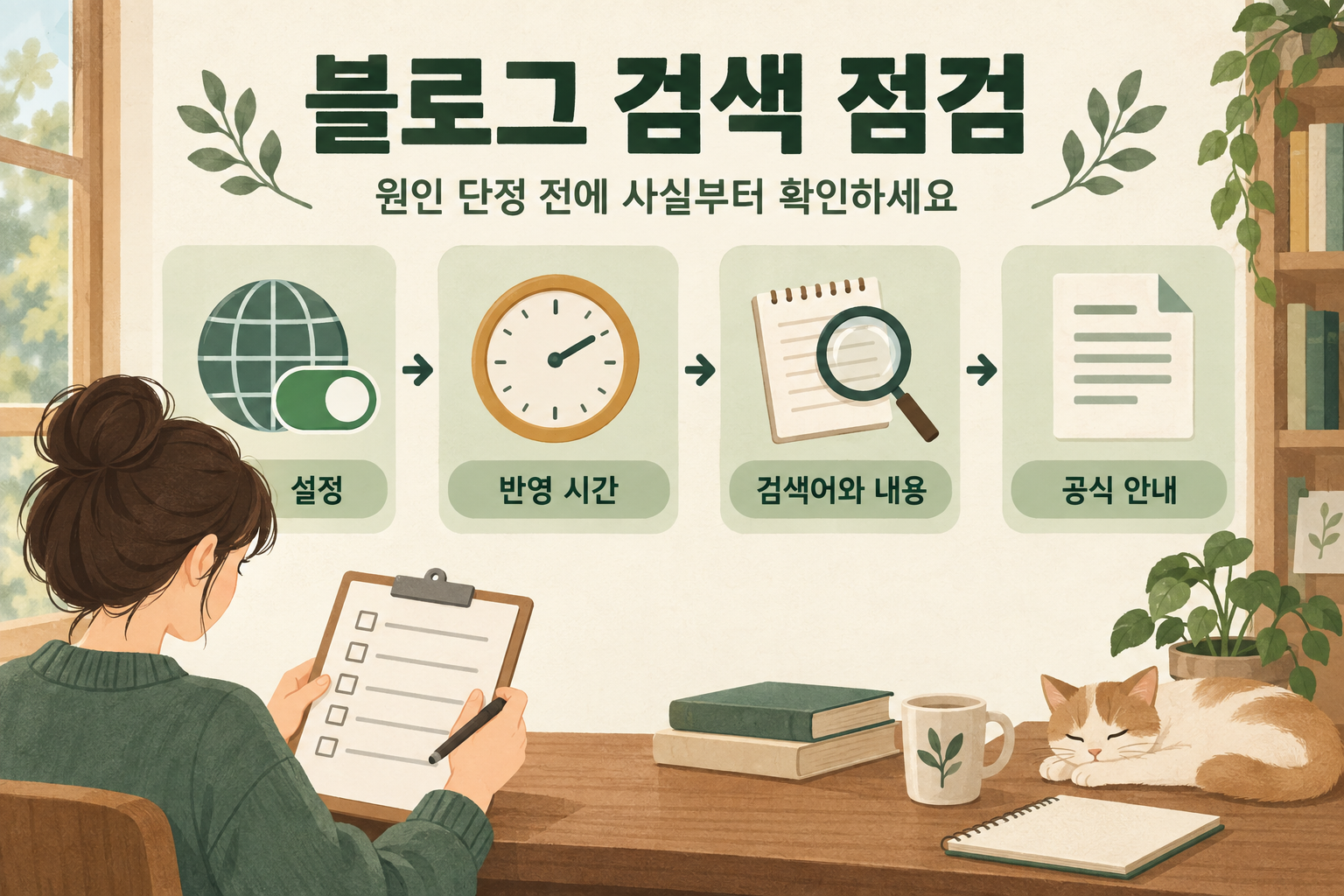 검색 누락을 단정하기 전 설정, 반영 시간, 검색어와 내용, 공식 안내를 차례로 확인하는 점검 흐름