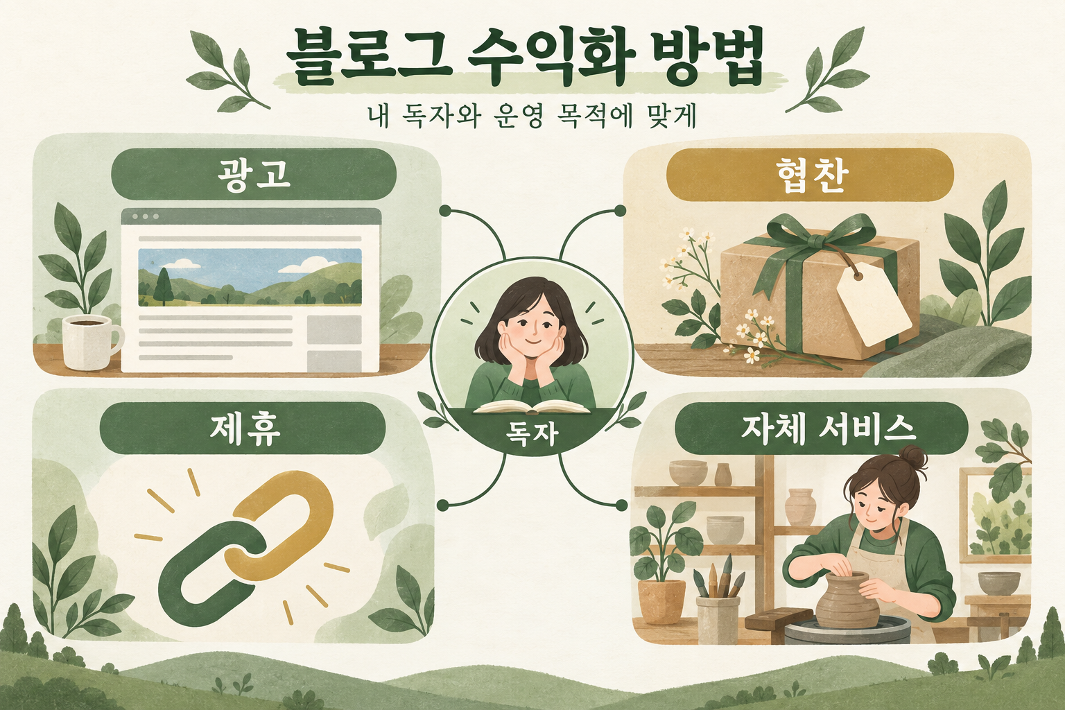 광고, 협찬, 제휴, 자체 서비스의 네 가지 블로그 수익 경로를 독자 적합성에 맞춰 비교하는 개념도