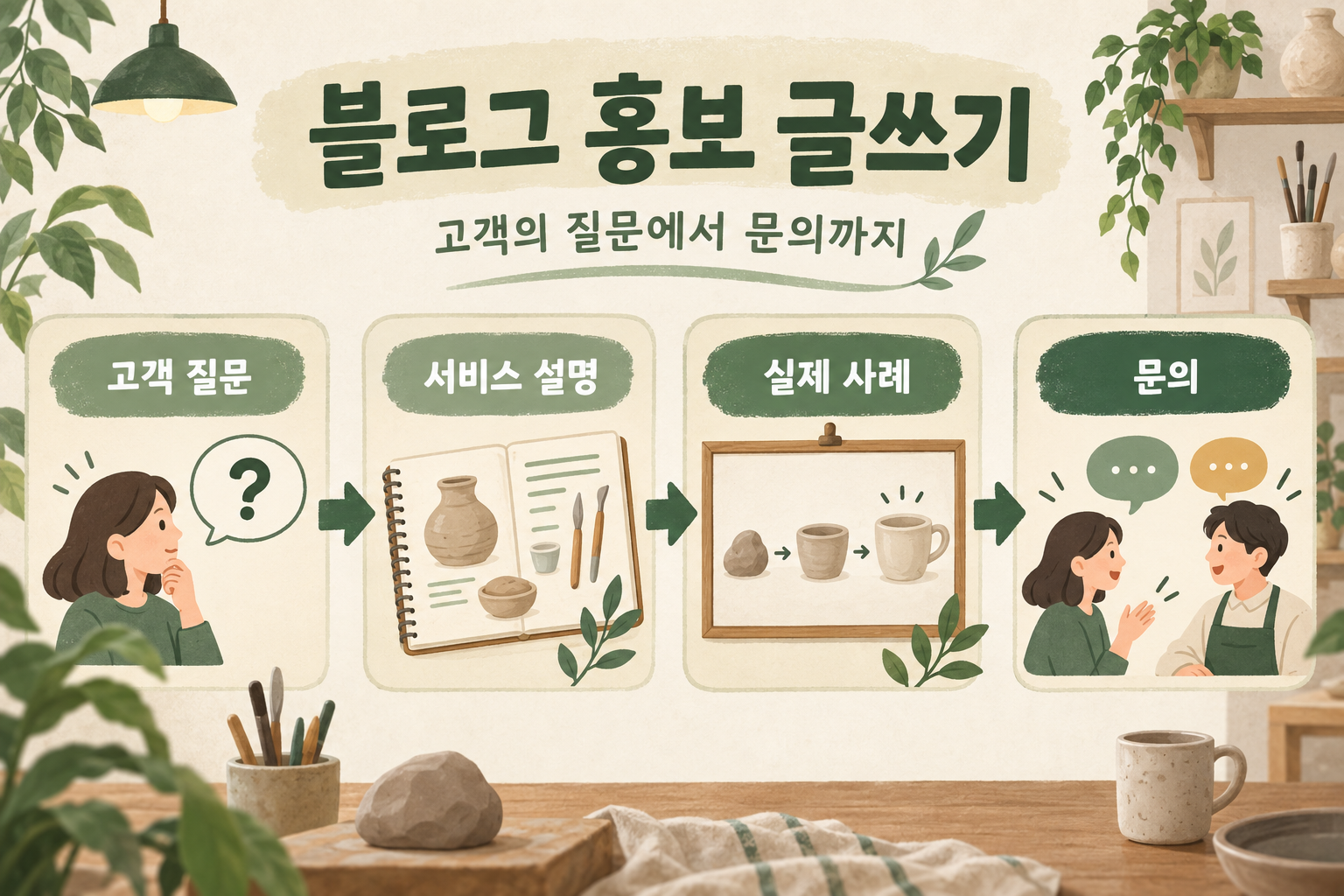 고객 질문, 서비스 설명, 실제 사례, 문의 행동으로 이어지는 블로그 홍보 글의 구성