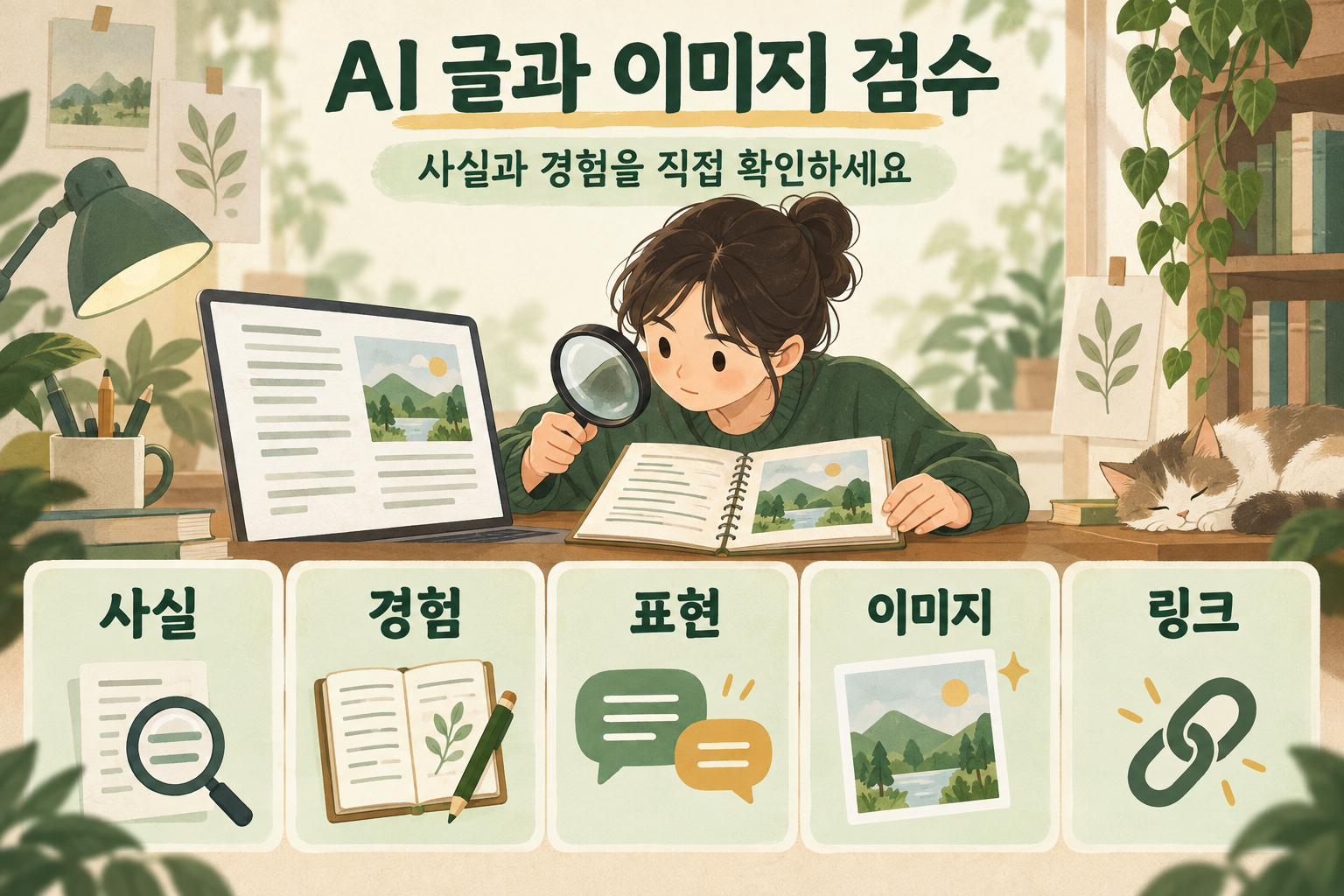 AI 글과 이미지의 사실, 경험, 표현, 이미지 내용, 링크를 사람이 대조하며 검수하는 체크리스트