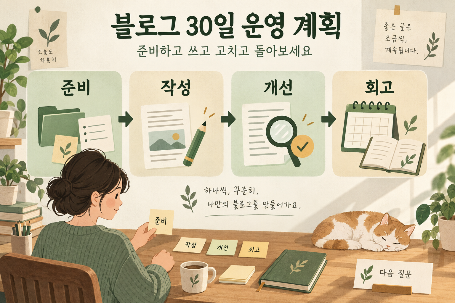 다음 30일을 준비, 작성, 개선, 회고의 네 단계로 나누어 실행하는 블로그 운영 계획